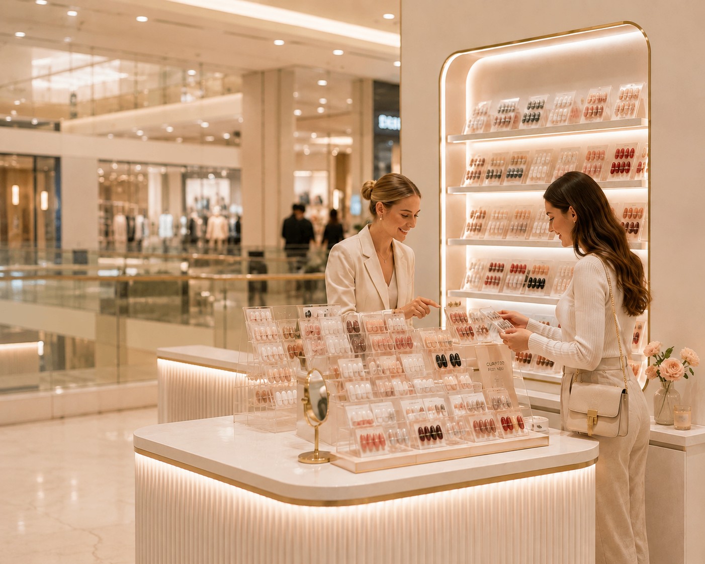 Press-on nails displayed in a premium beauty retail merchandising scene