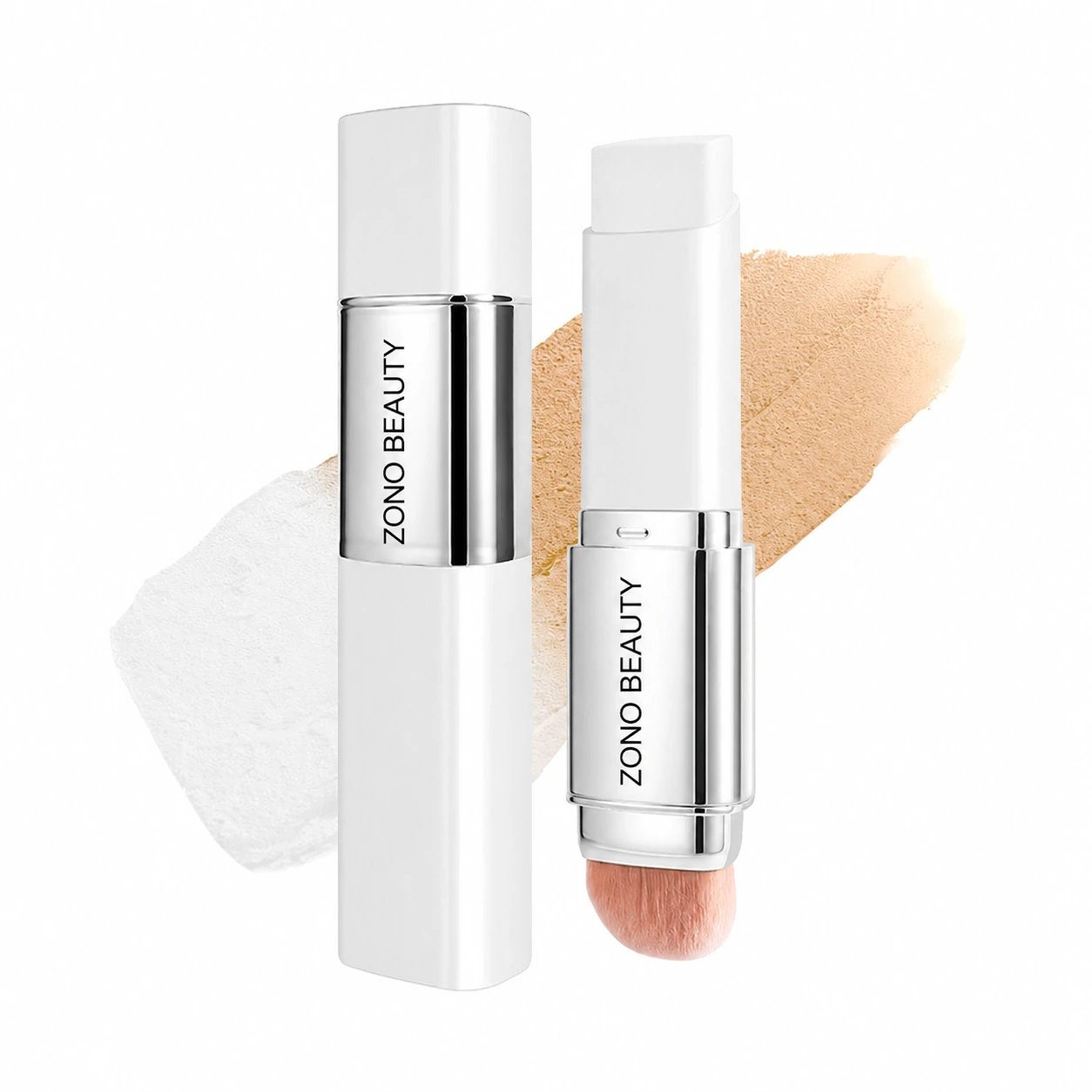 Dual-ended color changing foundation stick with integrated soft blending brush