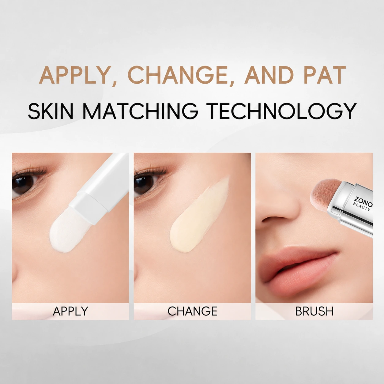Three-step application of color changing foundation stick using the built-in brush
