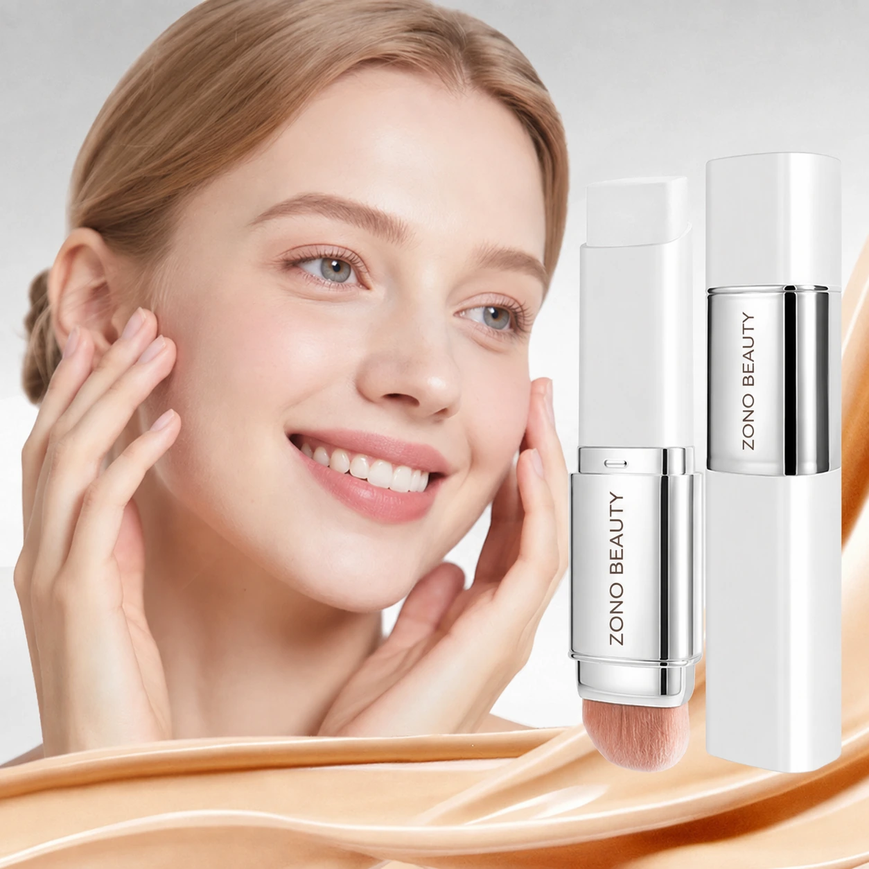 Model showing the natural-looking finish of a color changing foundation stick
