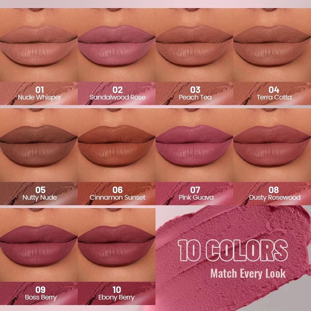 Reference color chart showing ten matte mousse shade directions