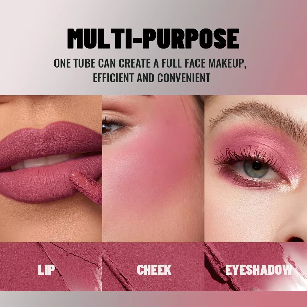 Multi-purpose mousse color concept shown on lips, cheeks and eyes