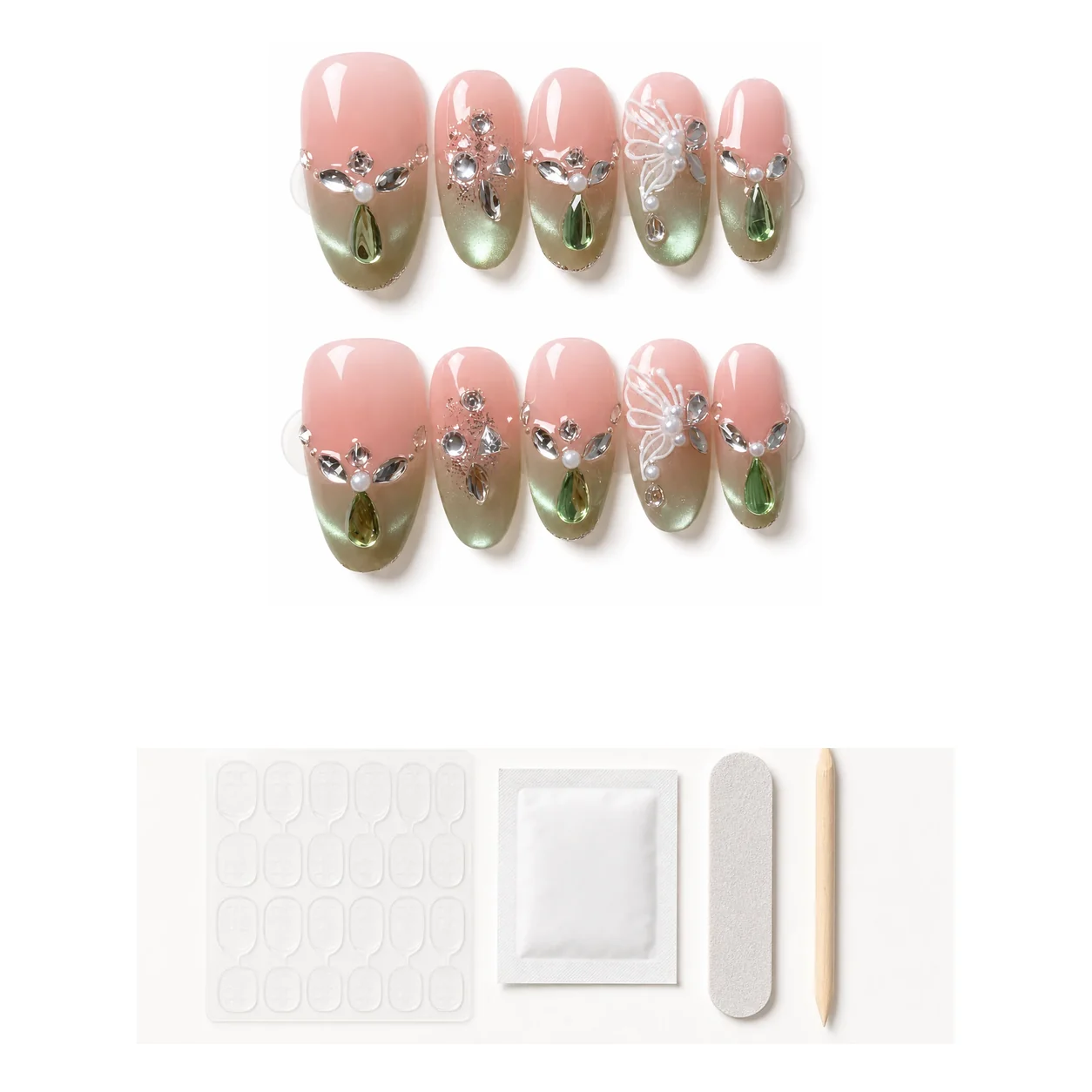 Application kit with glue and tools for Romantic Botanical press-on nails