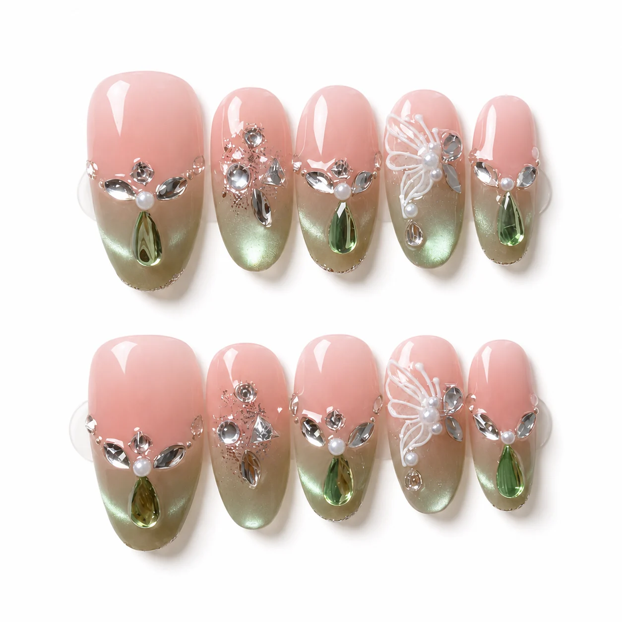 Romantic Botanical press-on nails with sage ombre tips and white floral linework