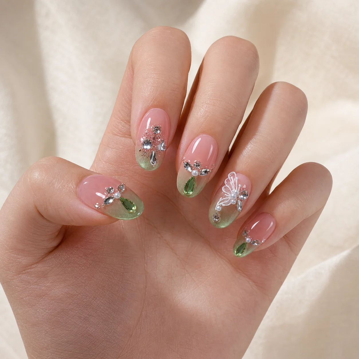 Model wearing Romantic Botanical press-on nails, medium almond
