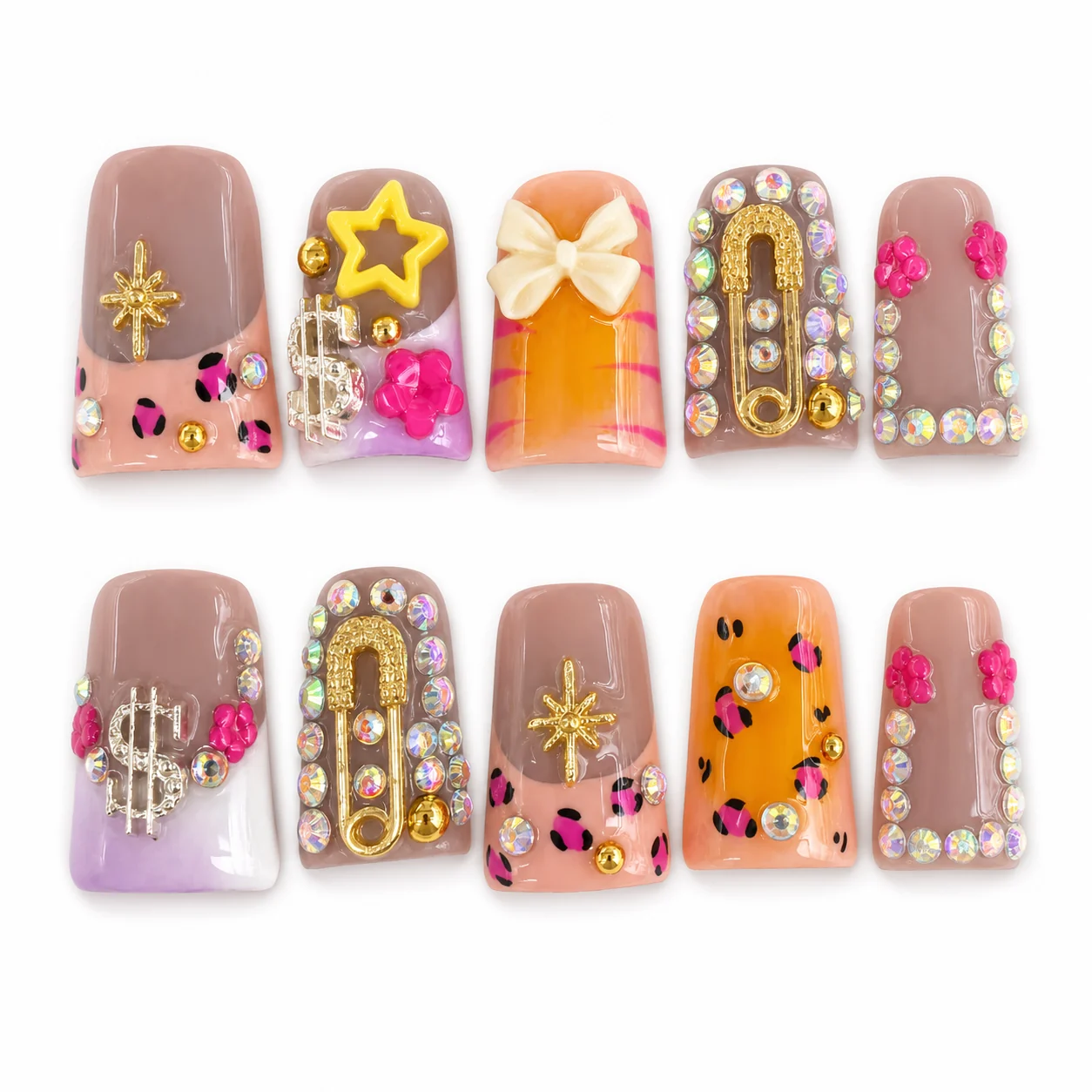 Pink and yellow star pearl charm press-on nail set