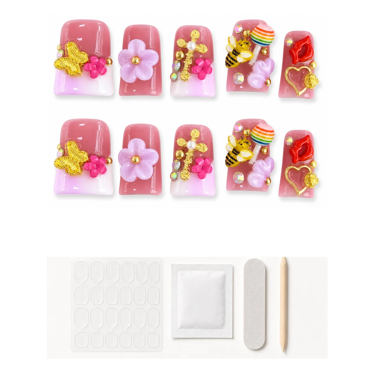 Application kit with glue and tools for Candycore Garden Charm press-on nails
