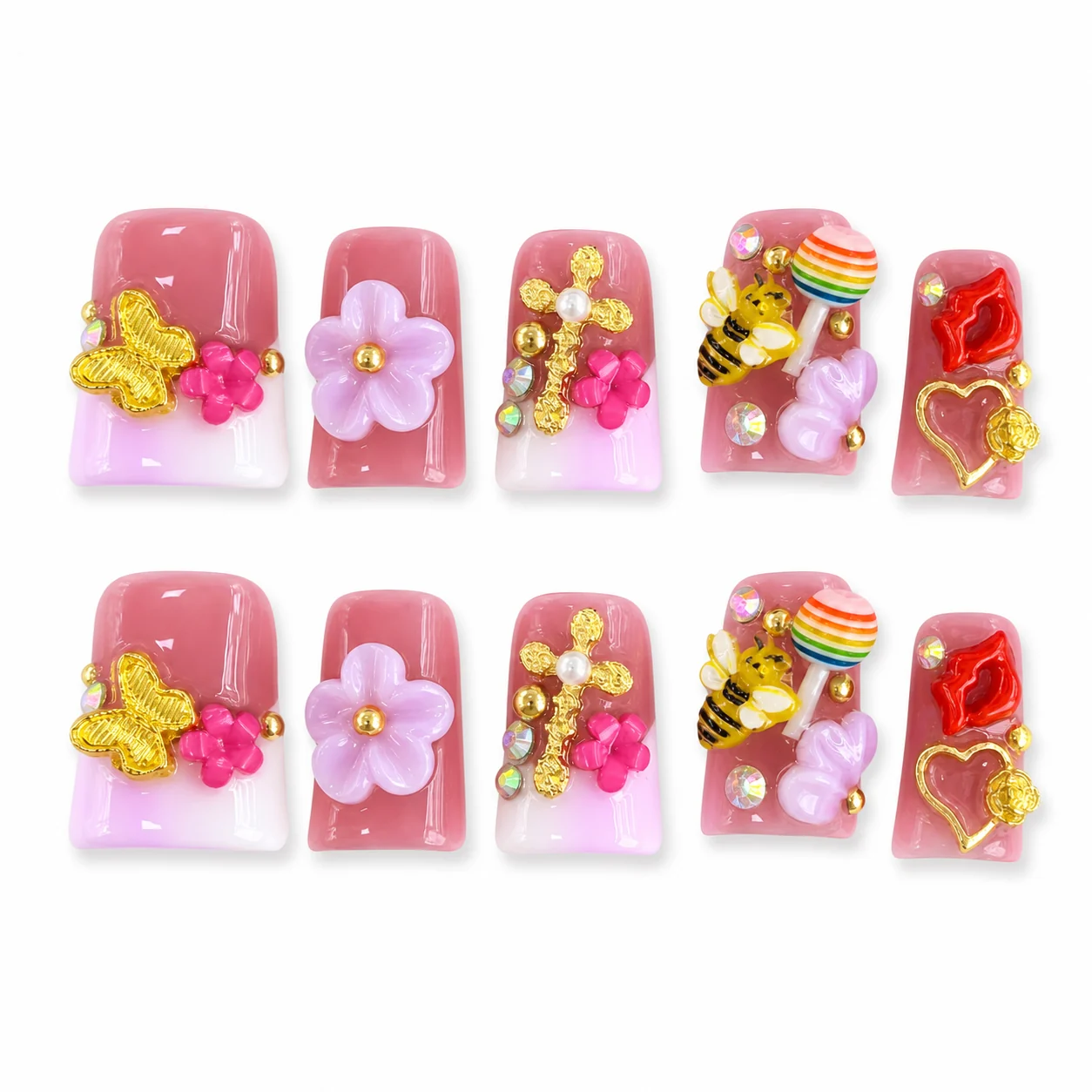 Candycore Garden Charm press-on nails with rainbow floral charms