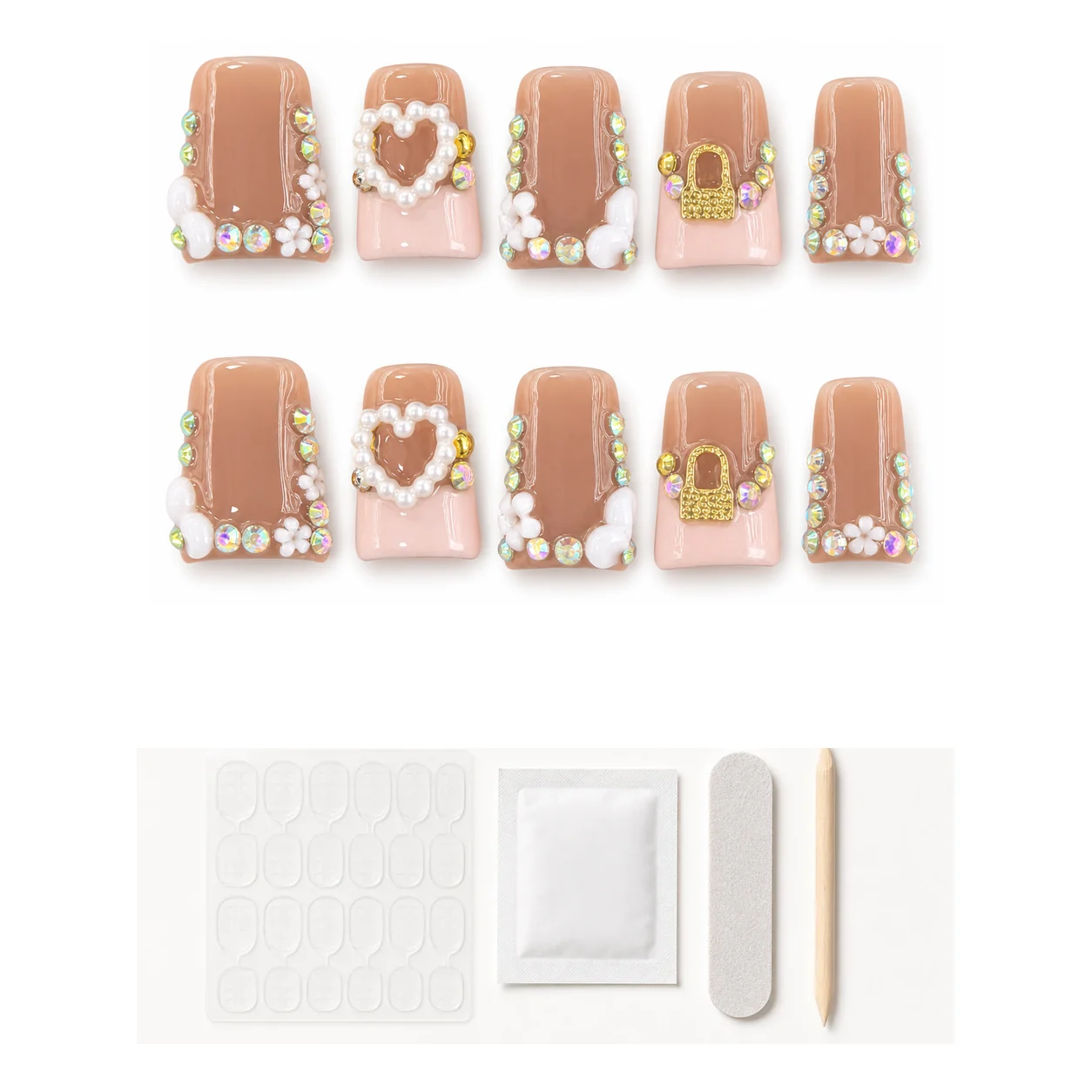 Application kit with glue and tools for Coquette Pearl Frame press-on nails