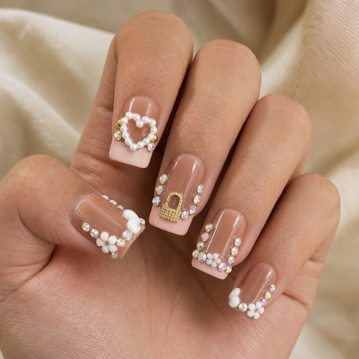 Model wearing Coquette Pearl Frame press-on nails, long square