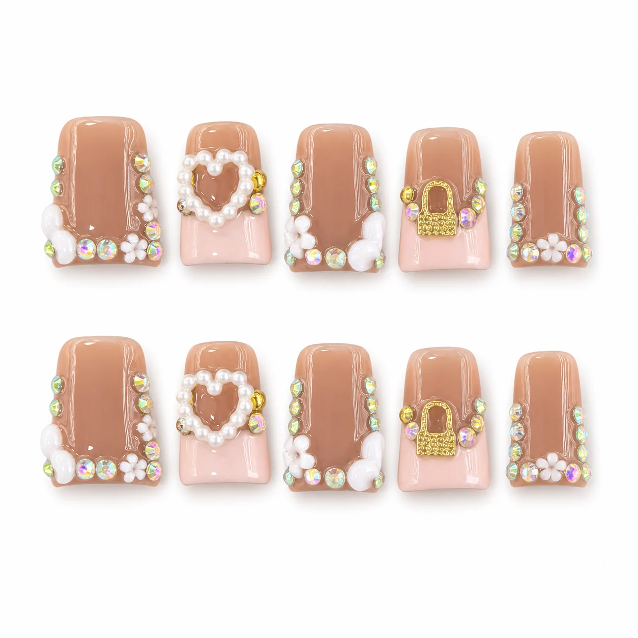Coquette Pearl Frame press-on nails with pearl-framed hearts