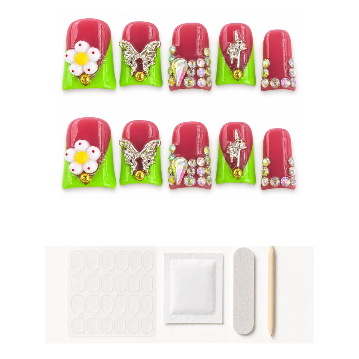 Application kit with glue and tools for Retro Garden Charm press-on nails