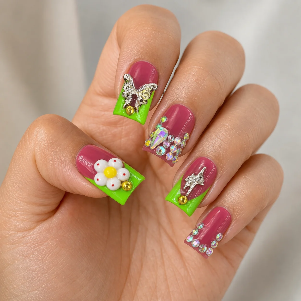 Model wearing Retro Garden Charm press-on nails, long square
