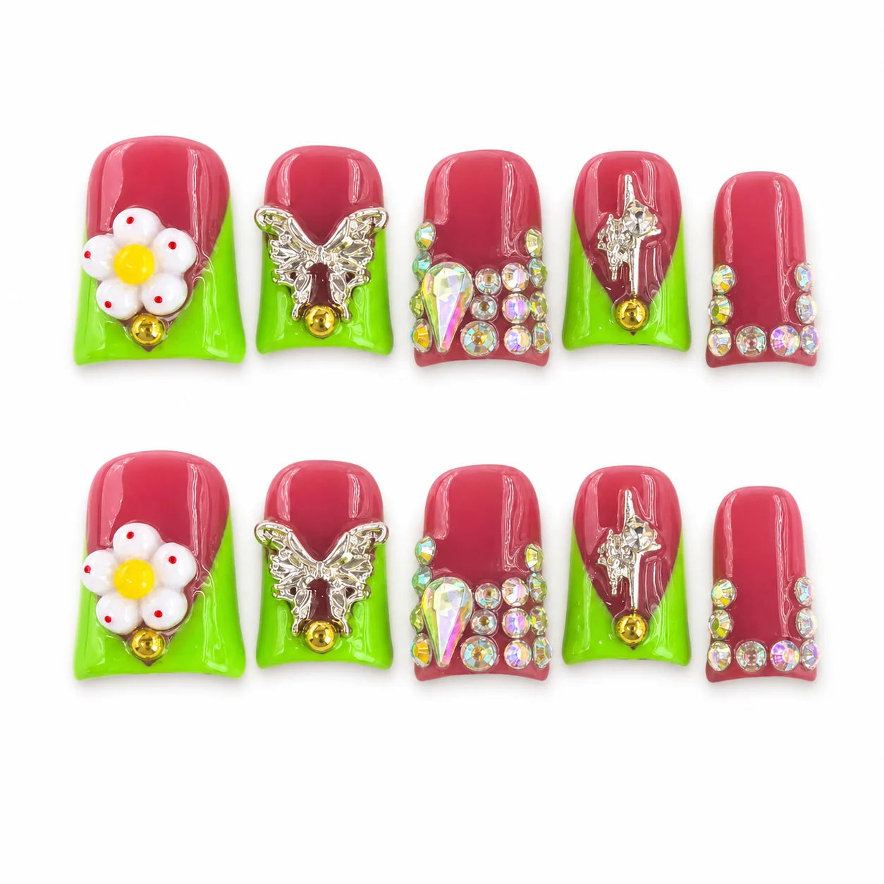 Retro Garden Charm press-on nails with daisy and butterfly charms