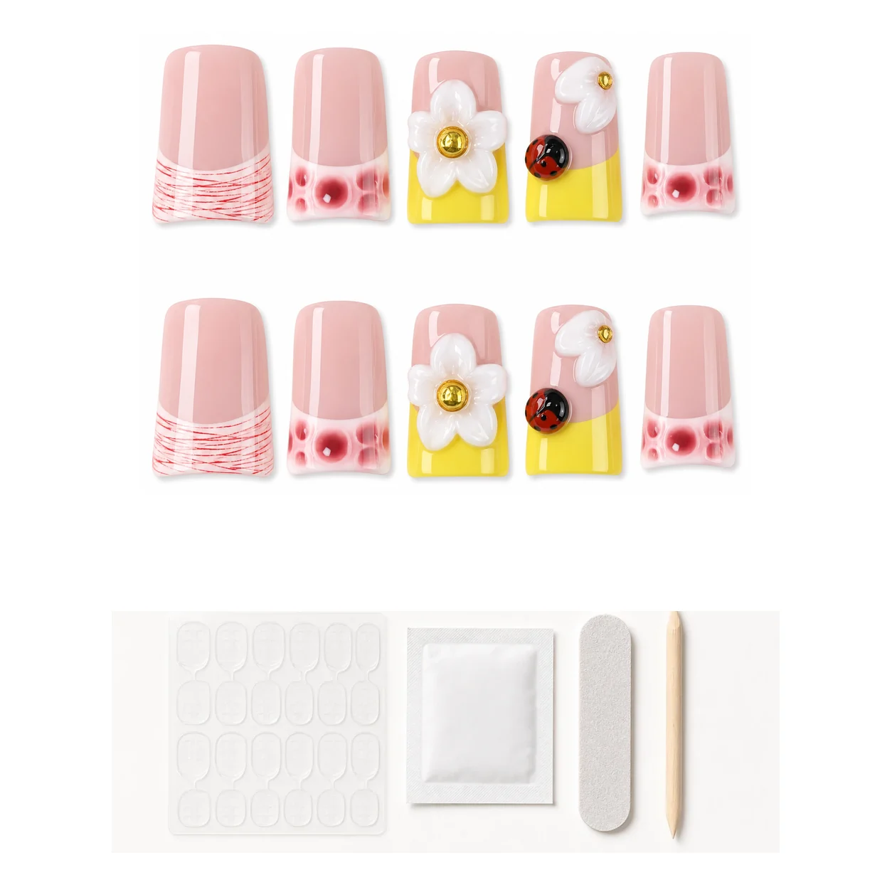 Application kit with glue and tools for Playful Daisy French press-on nails