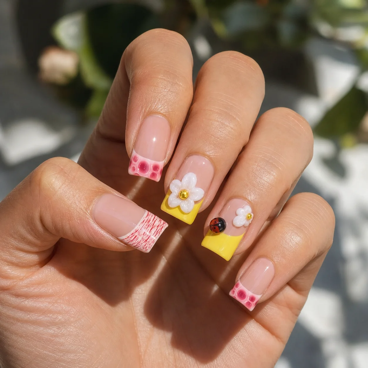Model wearing Playful Daisy French press-on nails, long square