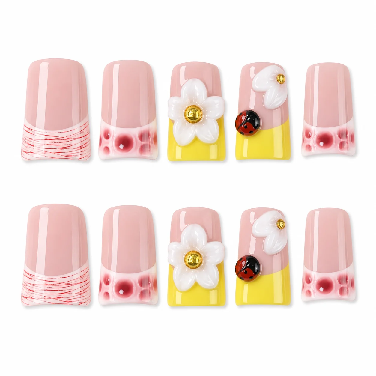 Playful Daisy French press-on nails with daisy color-block French
