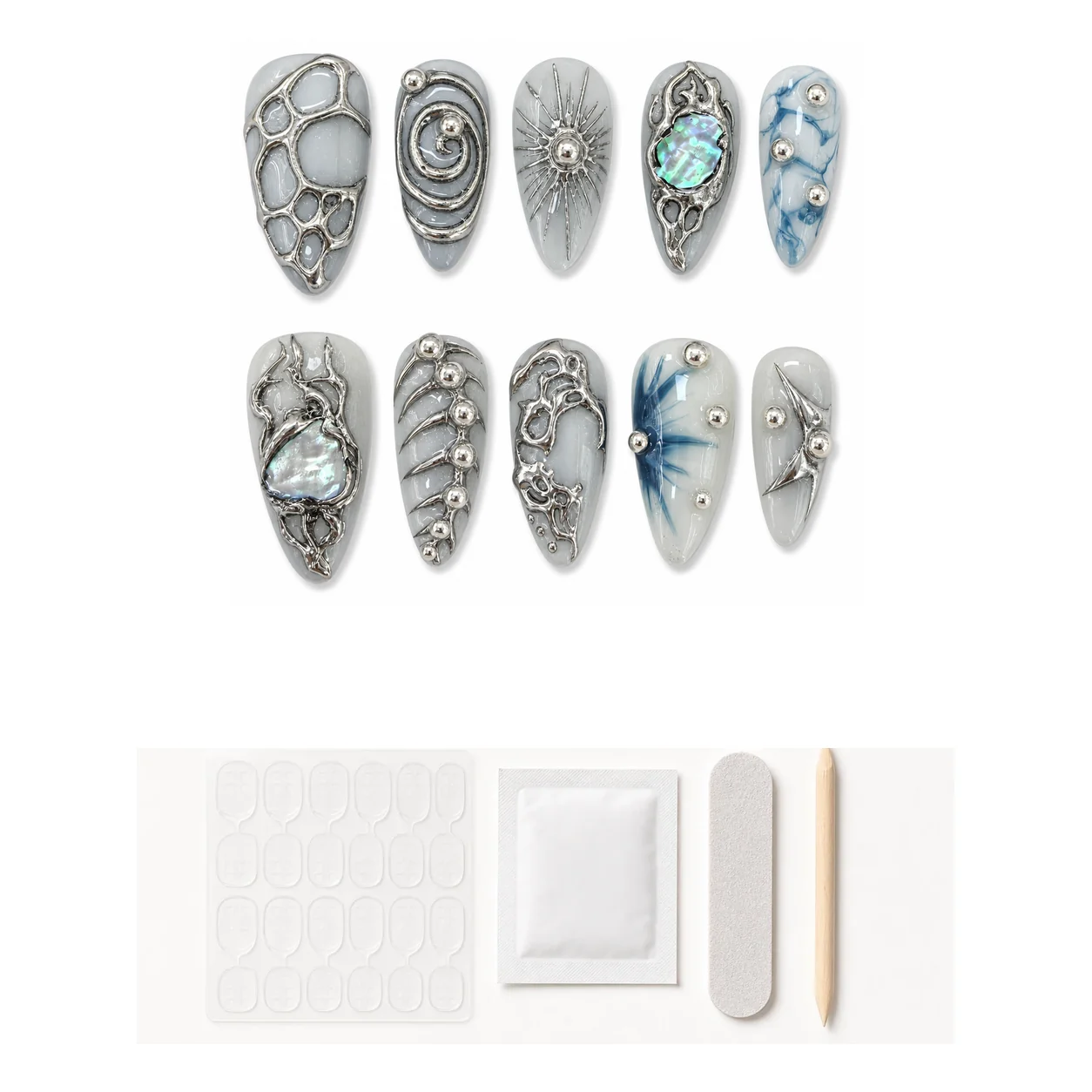 Application kit with glue and tools for Sculptural Chrome Rose press-on nails