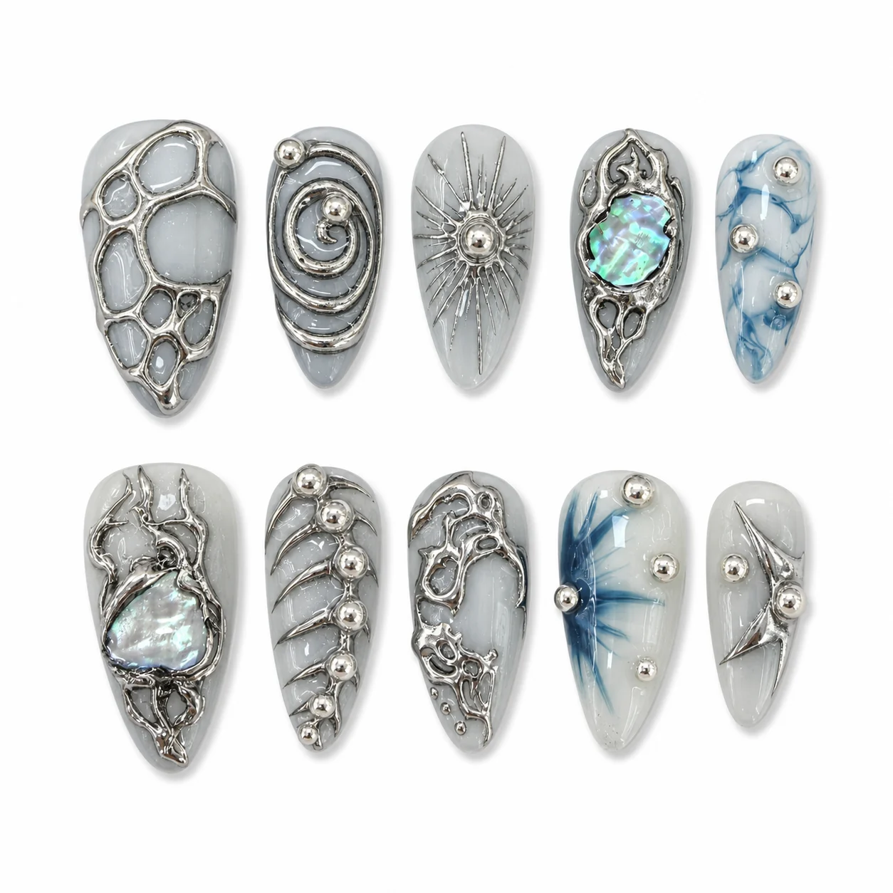 Sculptural Chrome Rose press-on nails with sculpted chrome roses
