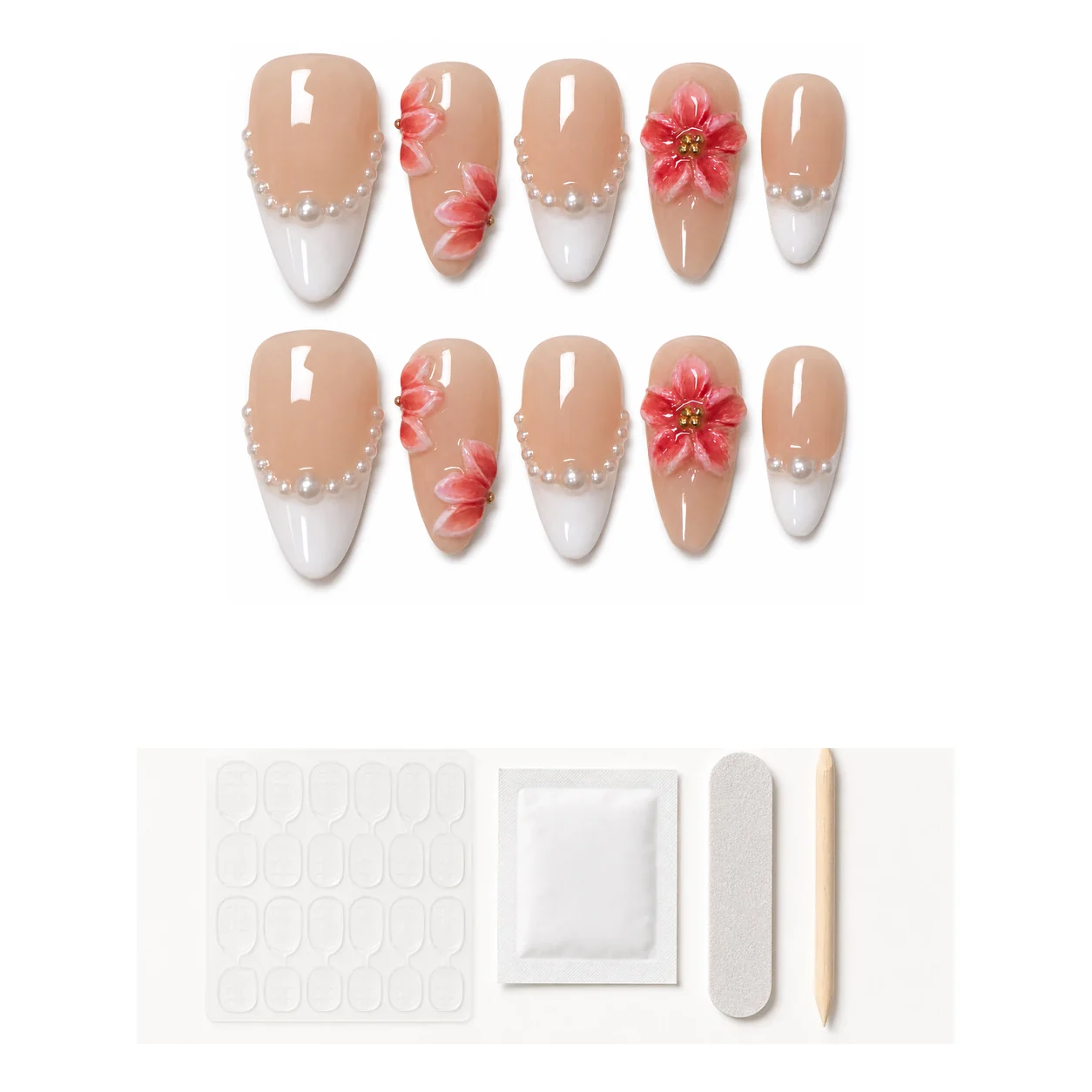 Application kit with glue and tools for Blush Floral French press-on nails