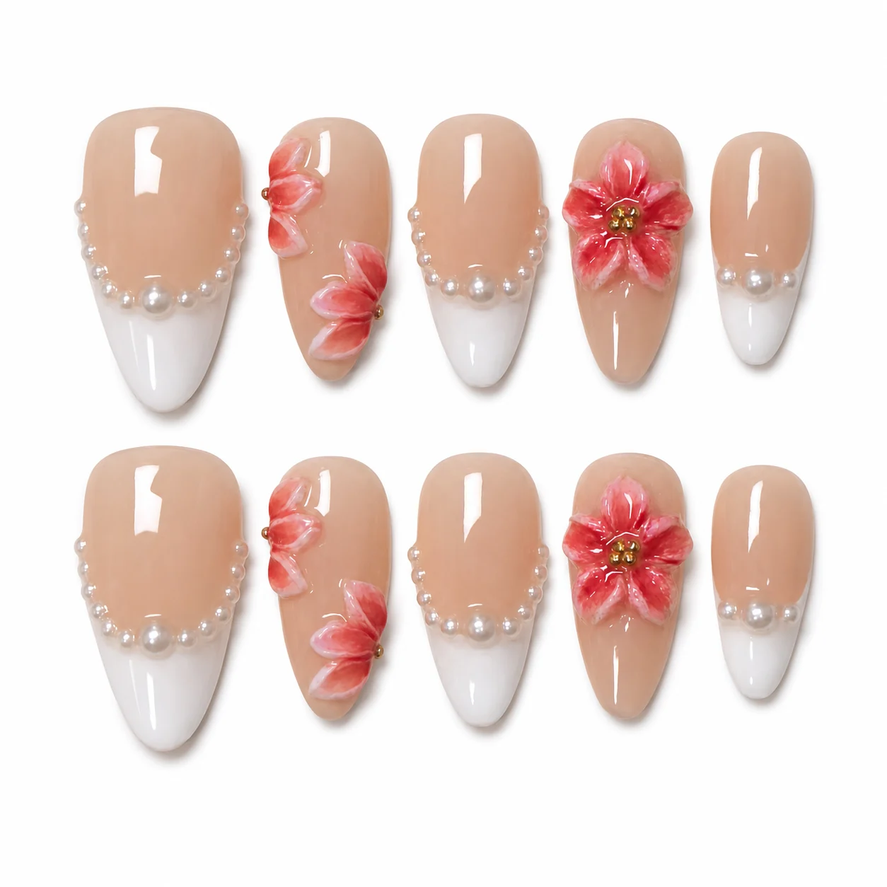 Blush Floral French press-on nails with layered pink flowers