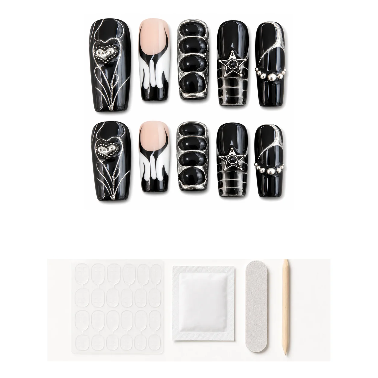 Application kit with glue and tools for Dark Botanical Chrome press-on nails