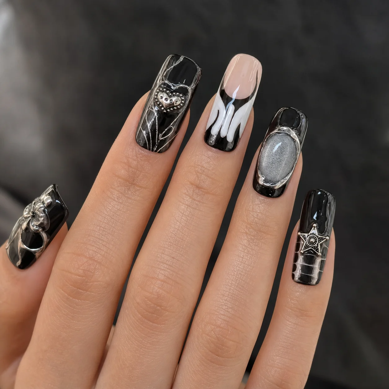 Model wearing Dark Botanical Chrome press-on nails, long square