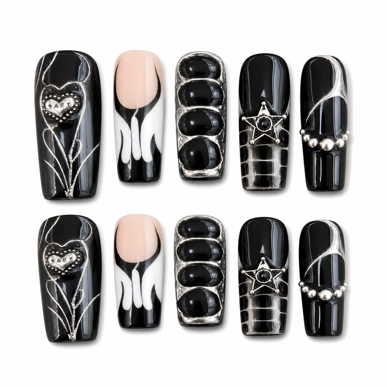 Dark Botanical Chrome press-on nails with chrome tulip graphics