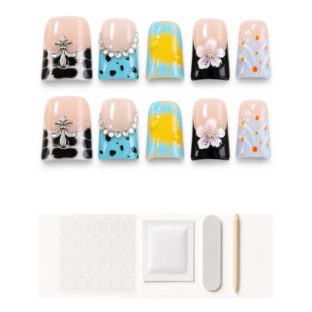 Application kit with glue and tools for Pop Art Bow press-on nails
