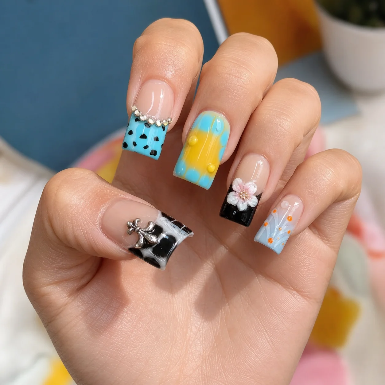 Model wearing Pop Art Bow press-on nails, long square
