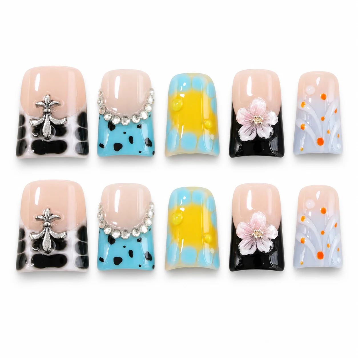 Pop Art Bow press-on nails with graphic bow color blocks