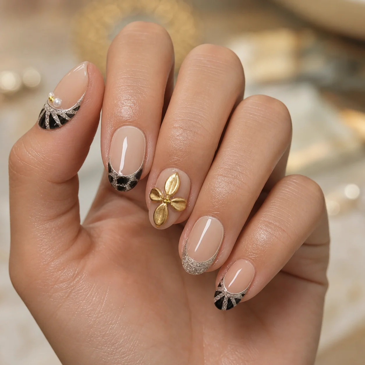 press-on-nails-nude-black-gold-flower-french-hand-model.webp
