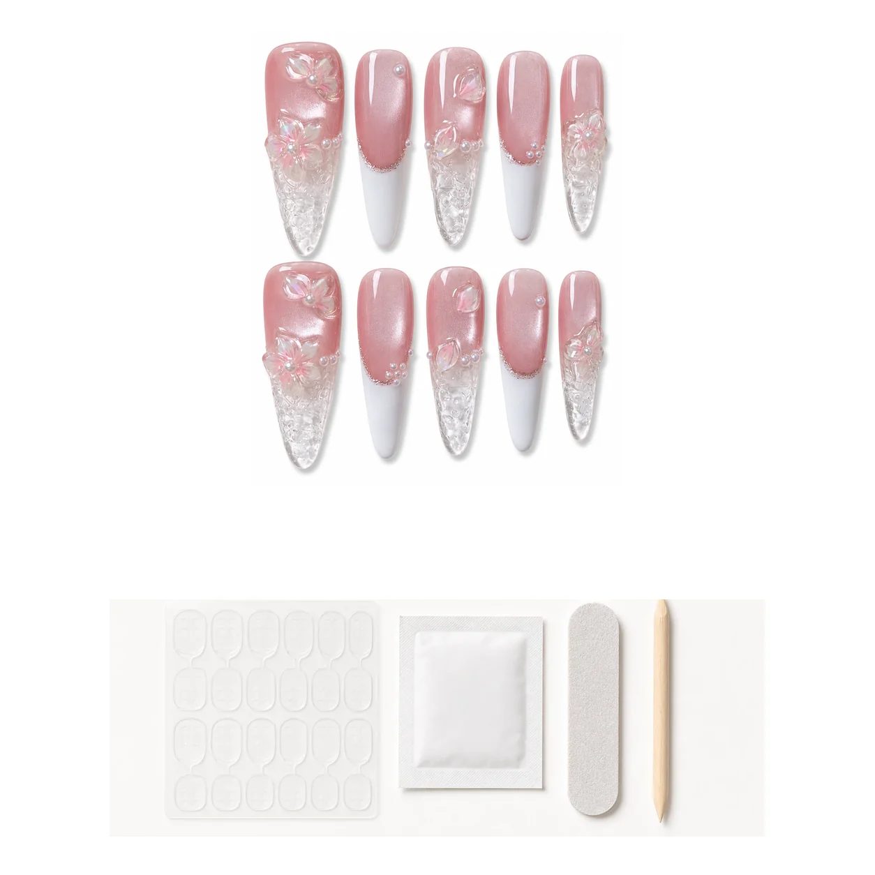 Application kit with glue and tools for Pink Cat Eye Flame press-on nails