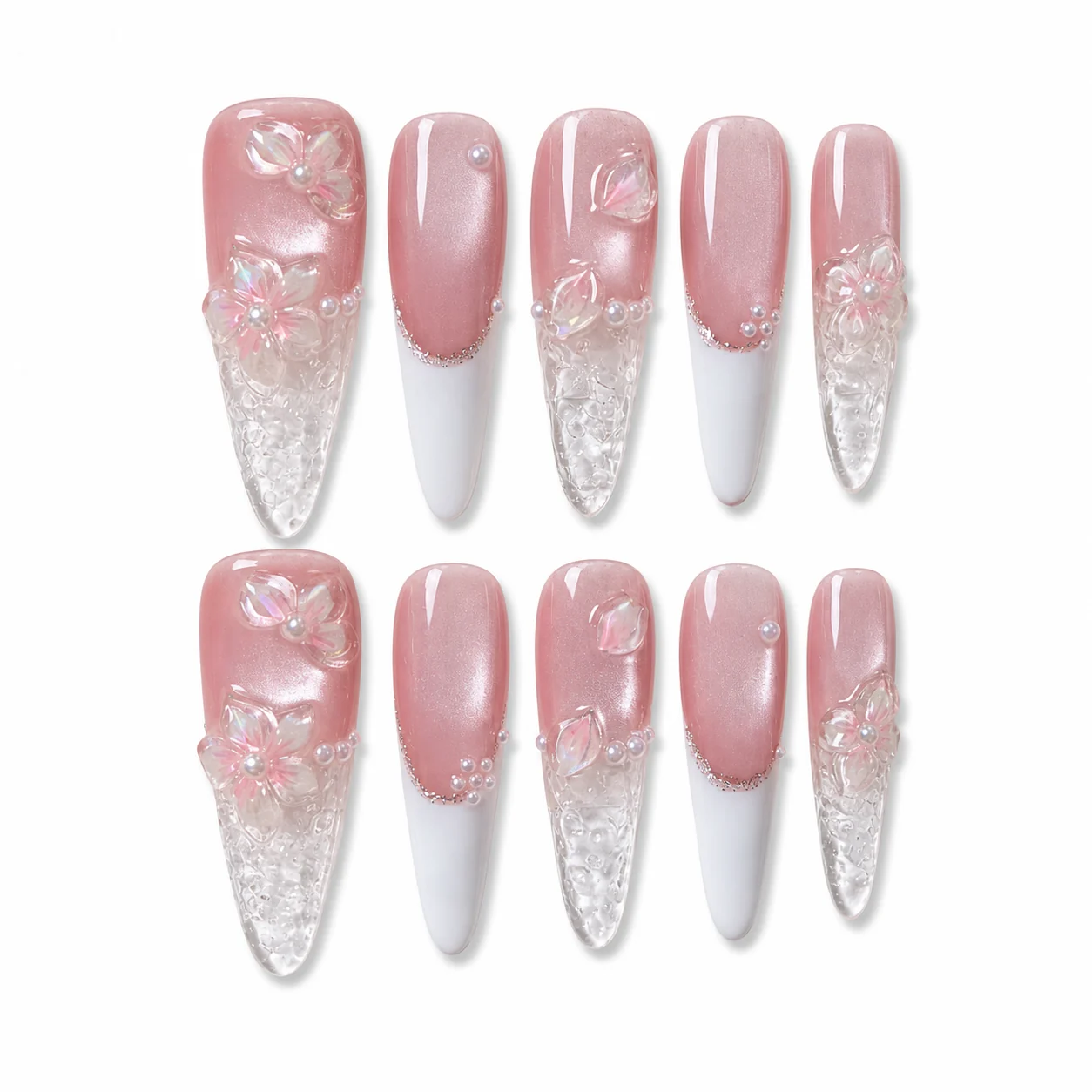 Pink Cat Eye Flame press-on nails with cat-eye shimmer