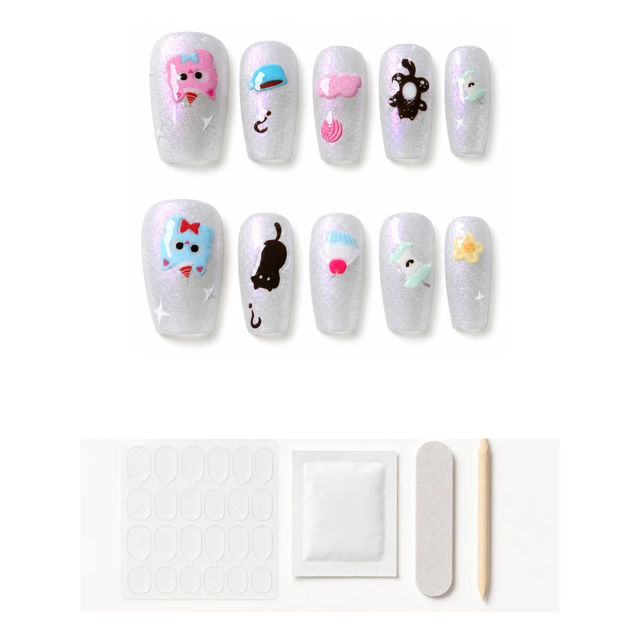 Application kit with glue and tools for Pastel Kawaii Bear press-on nails