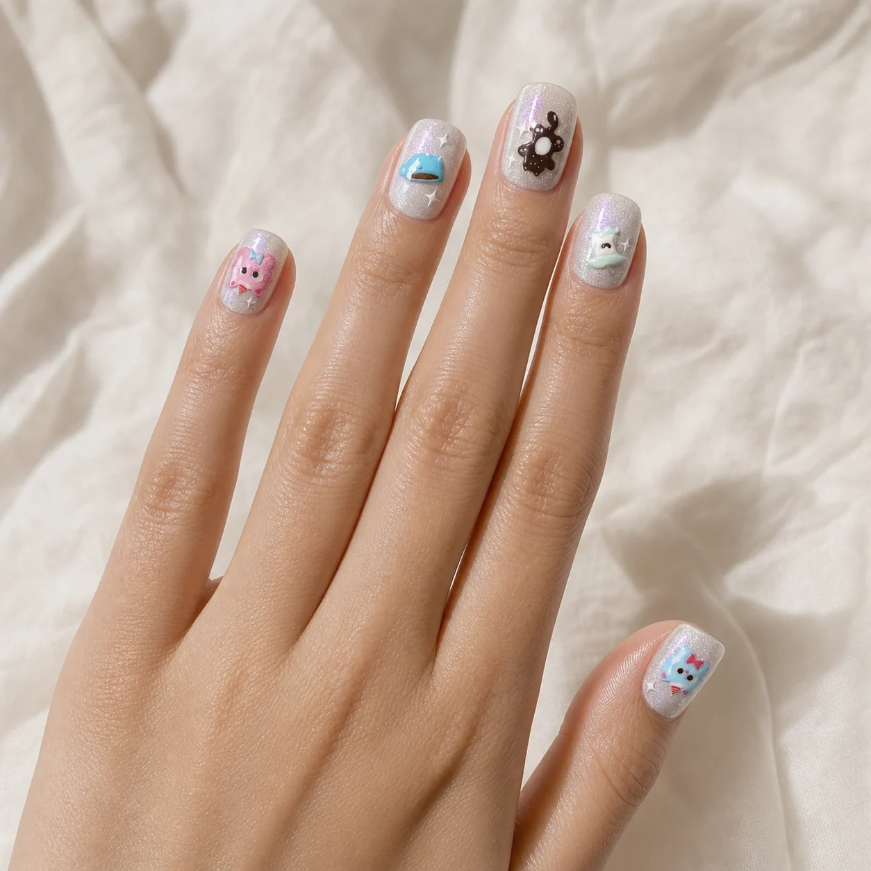Model wearing Pastel Kawaii Bear press-on nails, medium oval
