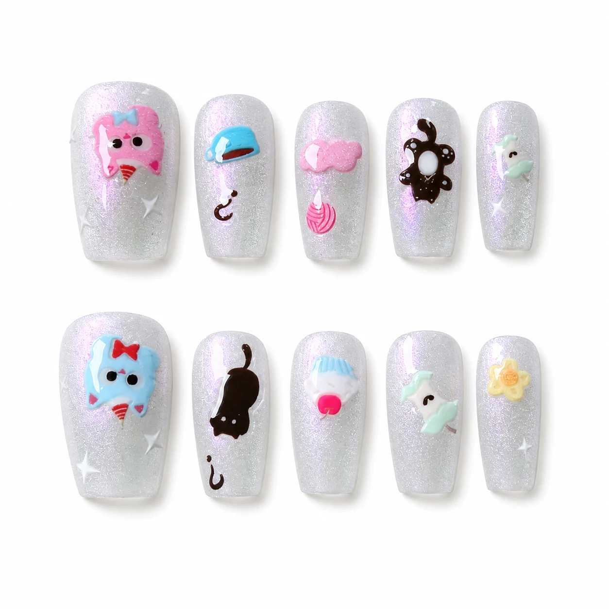 Pastel Kawaii Bear press-on nails with mini bear characters