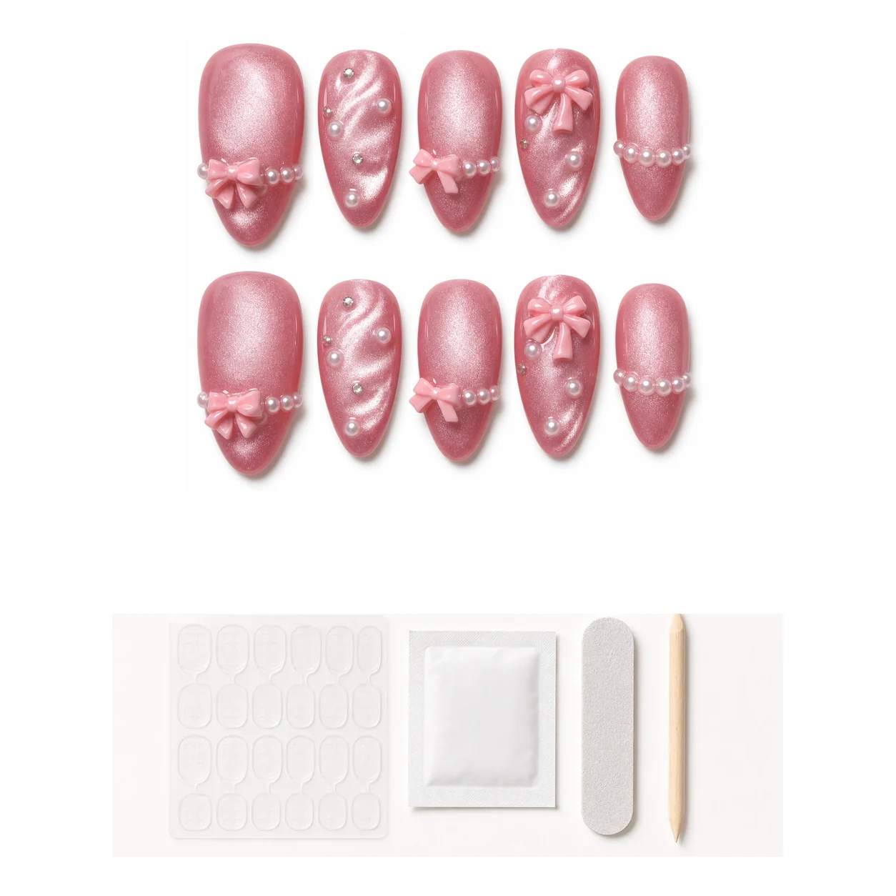 Application kit with glue and tools for Coquette Pearl Bow press-on nails