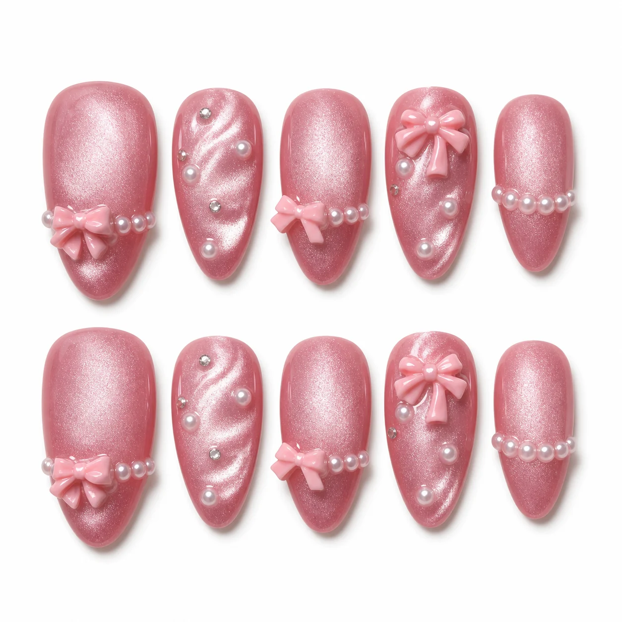 Coquette Pearl Bow press-on nails with sculpted pearl bows