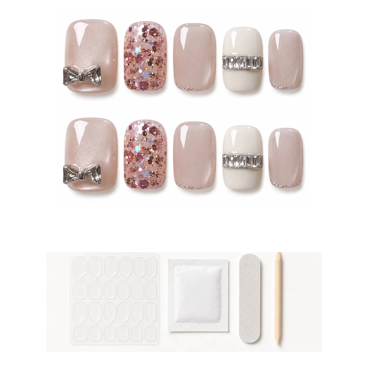 Application kit with glue and tools for Neutral Leopard Bow press-on nails