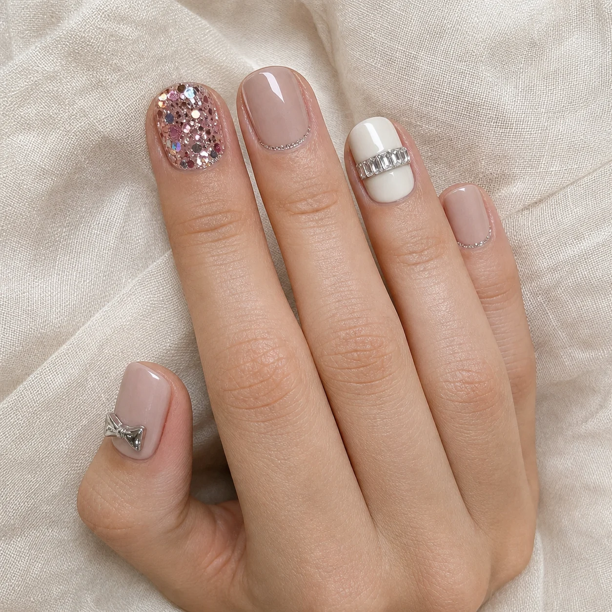 Model wearing Neutral Leopard Bow press-on nails, short square