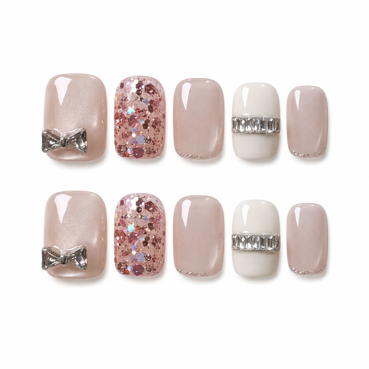 Neutral Leopard Bow press-on nails with leopard glitter and bows
