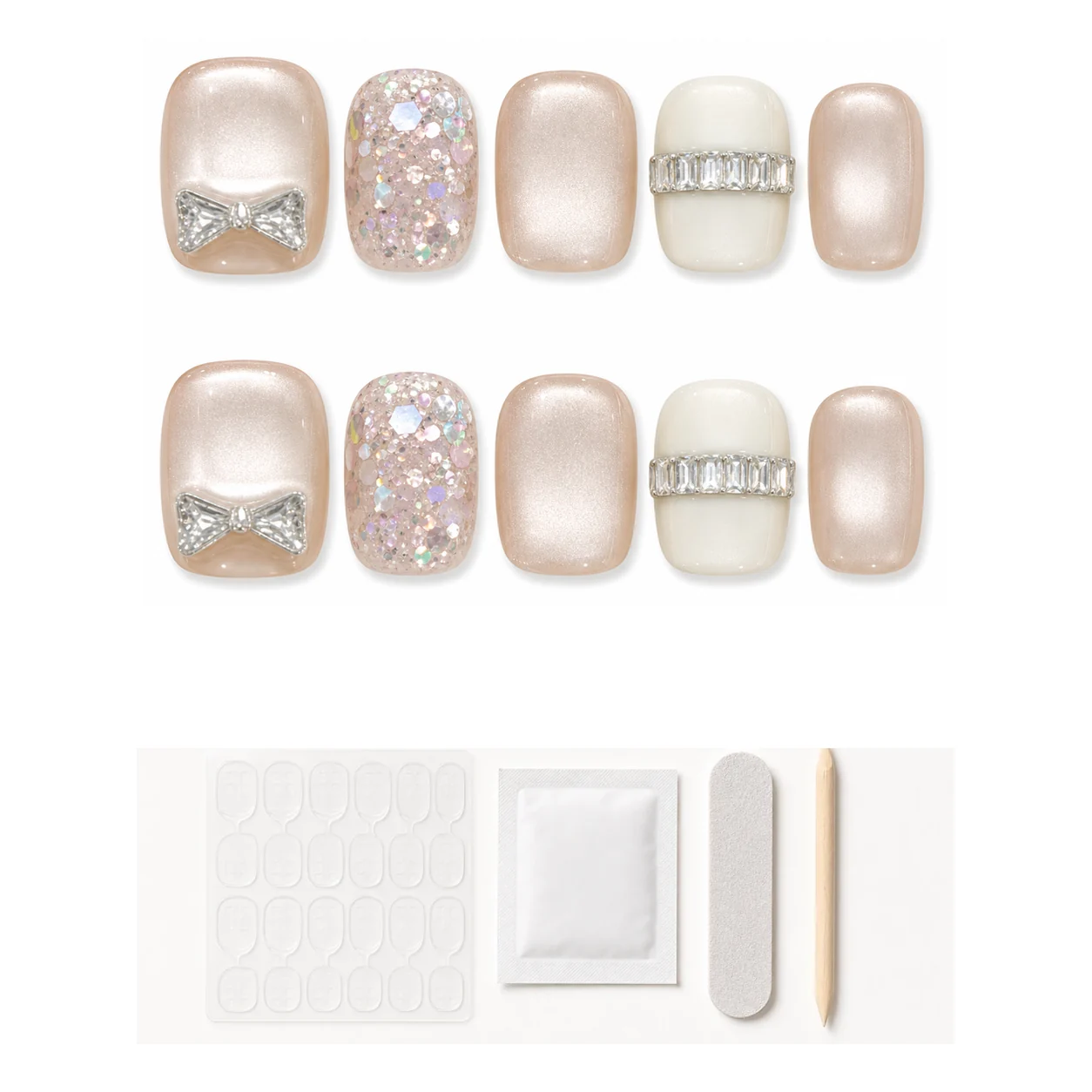Application kit with glue and tools for Iridescent Pearl Bow press-on nails