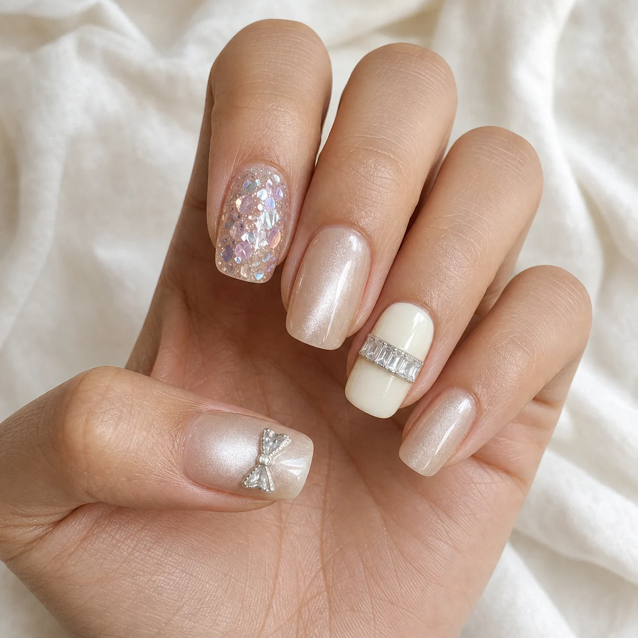 Model wearing Iridescent Pearl Bow press-on nails, short square