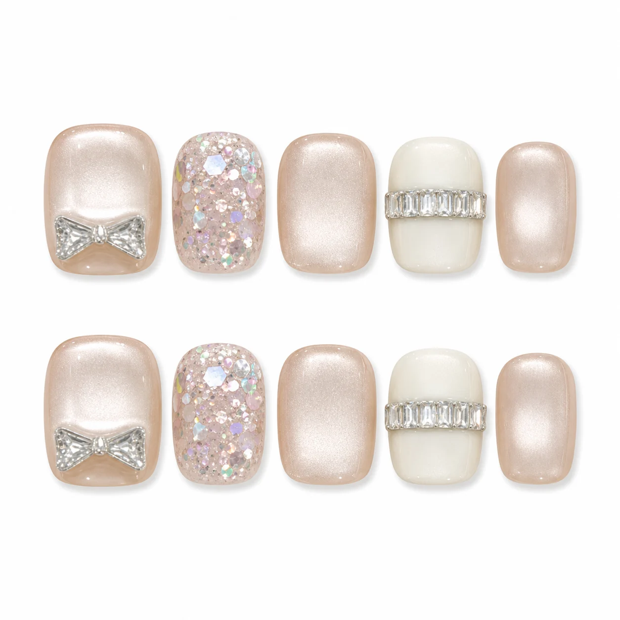 Iridescent Pearl Bow press-on nails with iridescent bow accents
