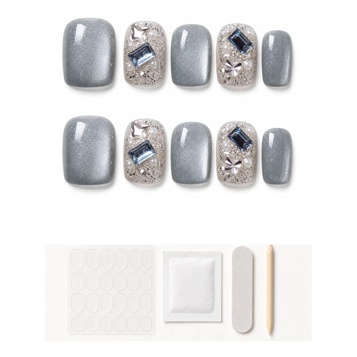 Application kit with glue and tools for Minimalist Silver Crystal press-on nails