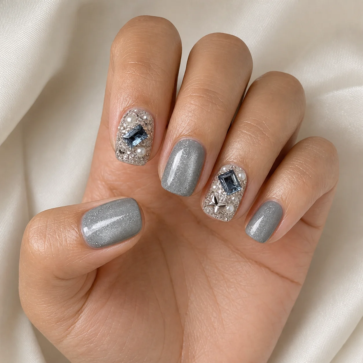 Model wearing Minimalist Silver Crystal press-on nails, short square