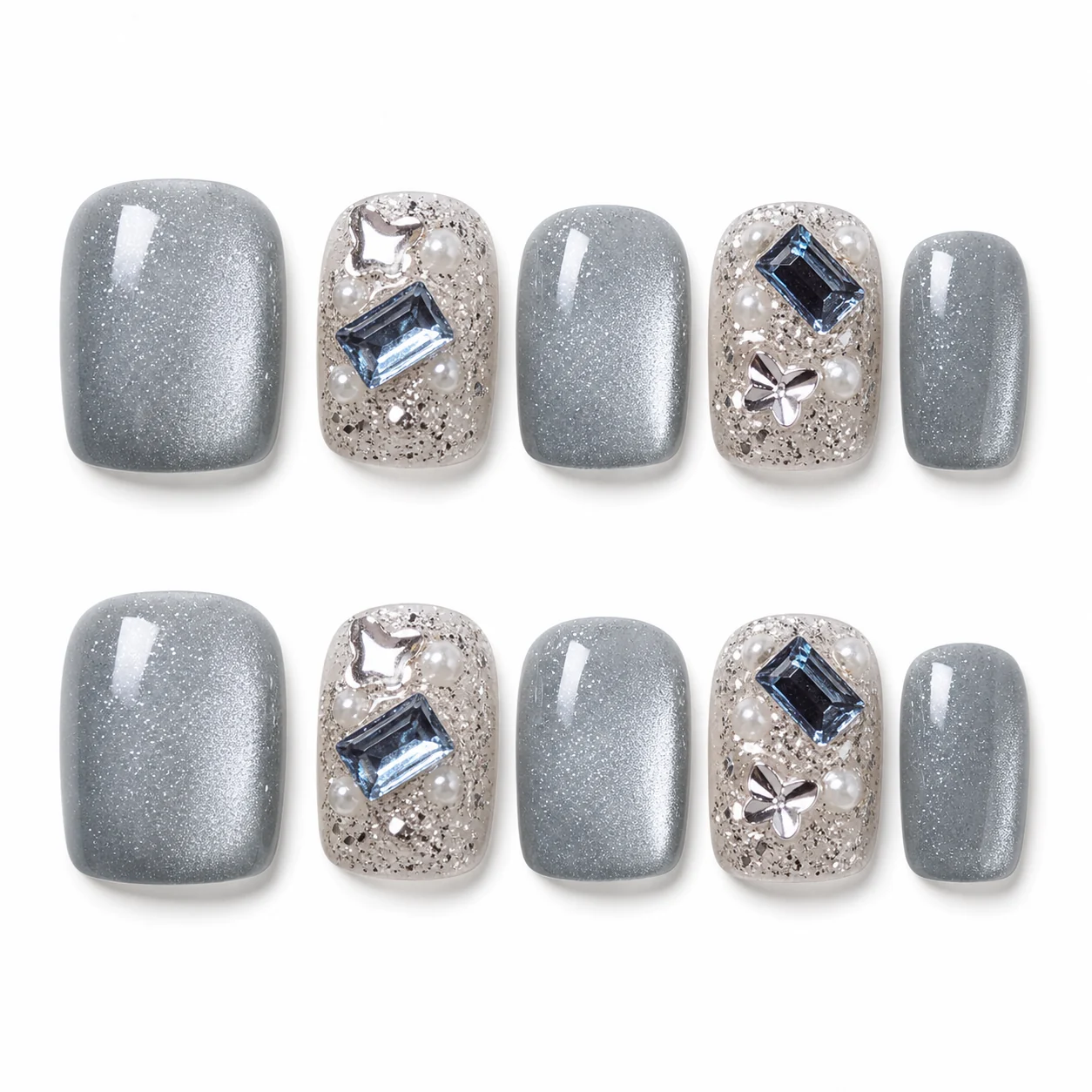 Minimalist Silver Crystal press-on nails with geometric crystals