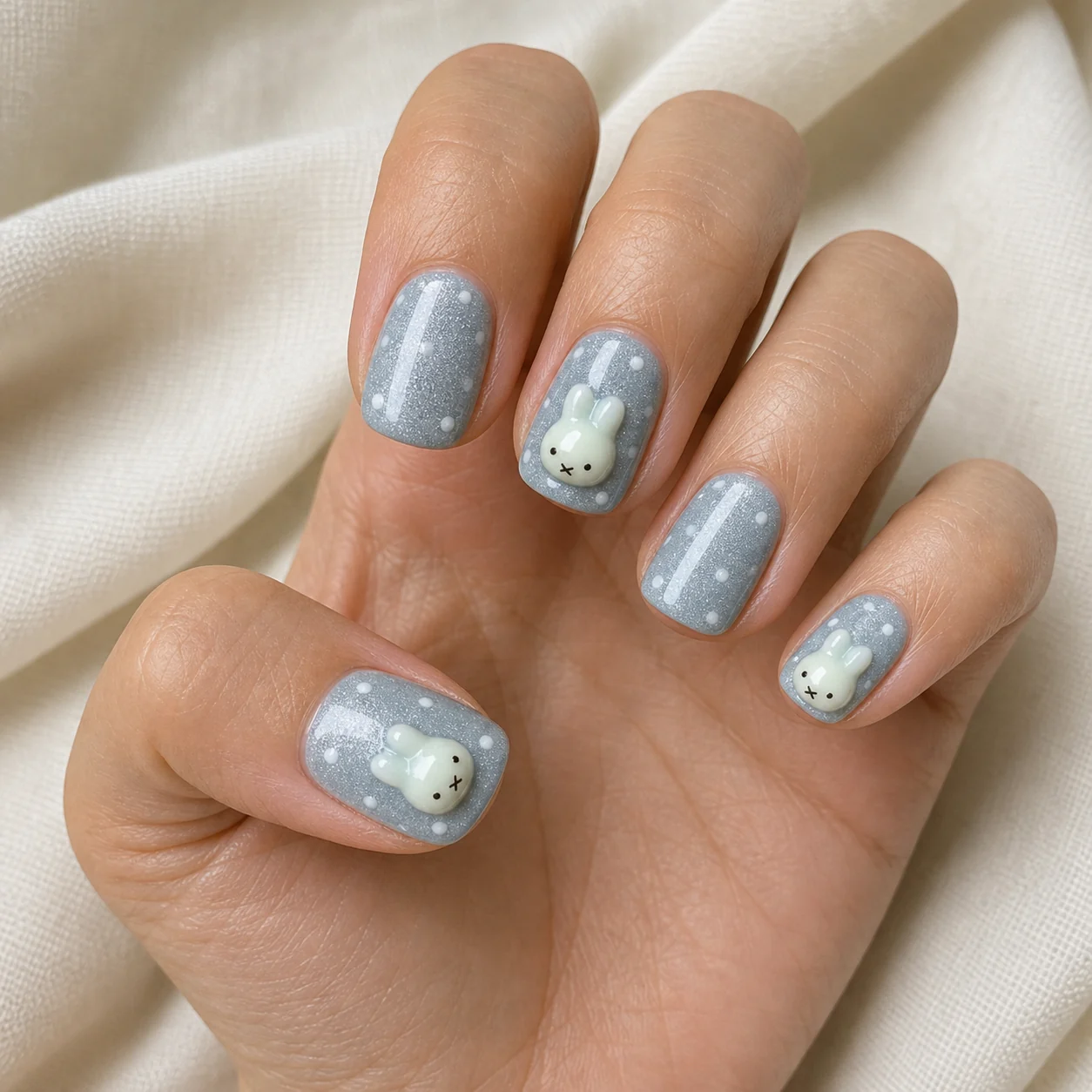 Model wearing Kawaii Blue Bear press-on nails, short square