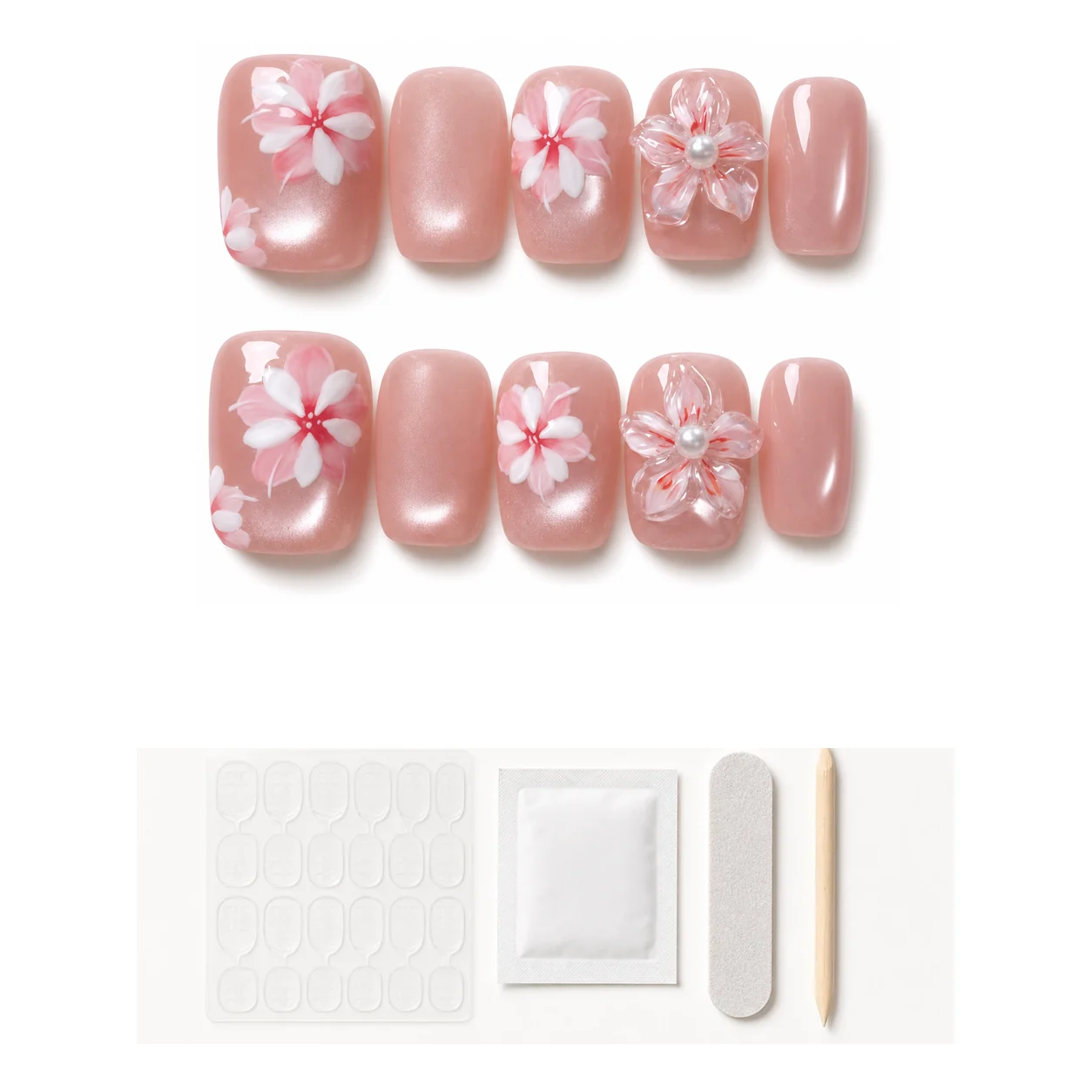 Application kit with glue and tools for Sweet Floral Bow press-on nails